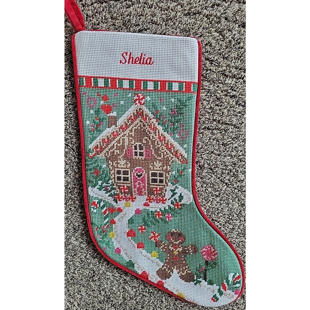Lands' End Christmas Stocking Shelia monogram Gingerbread House Red C7